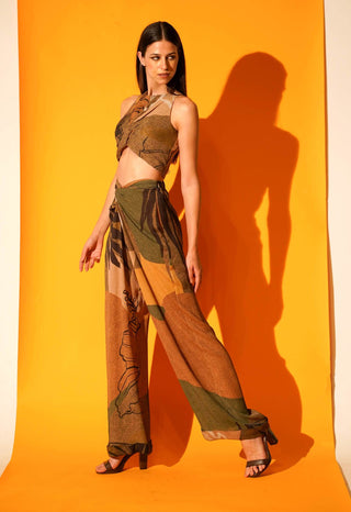 Nikita Mhaisalkar-Tropical Brown Print Top With Pant-INDIASPOPUP.COM