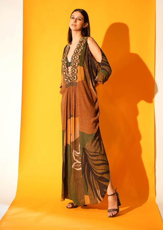 Nikita Mhaisalkar-Tropical Brown Kaftan-INDIASPOPUP.COM