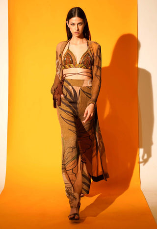 Nikita Mhaisalkar-Tropical Brown Print Jacket With Pant-INDIASPOPUP.COM