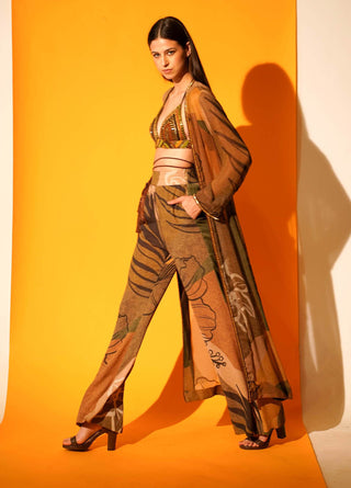 Nikita Mhaisalkar-Tropical Brown Print Jacket With Pant-INDIASPOPUP.COM