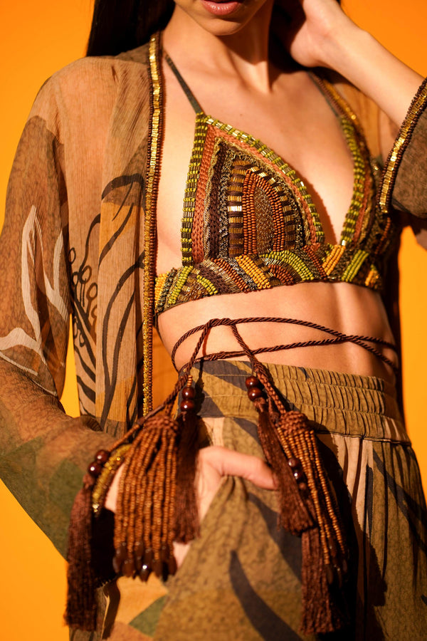 Nikita Mhaisalkar | Brown Embroidered Bralette | INDIASPOPUP.COM