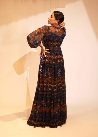 Nikita Mhaisalkar-Blue Aztec Print Maxi-INDIASPOPUP.COM