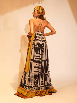 Nikita Mhaisalkar-White Black Aztec Print Maxi Dress-INDIASPOPUP.COM