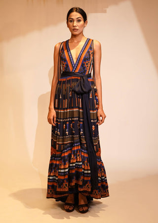 Nikita Mhaisalkar-Midnight Blue Aztec Print Maxi-INDIASPOPUP.COM