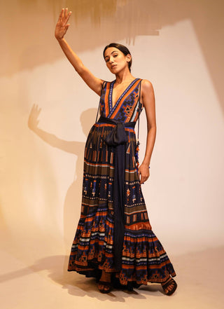 Nikita Mhaisalkar-Midnight Blue Aztec Print Maxi-INDIASPOPUP.COM