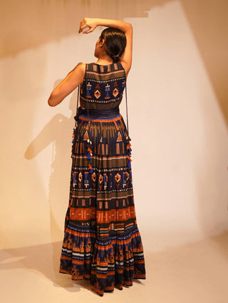 Nikita Mhaisalkar-Midnight Blue Aztec Print Maxi-INDIASPOPUP.COM