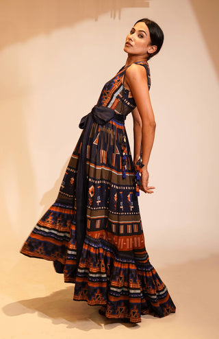 Nikita Mhaisalkar-Midnight Blue Aztec Print Maxi-INDIASPOPUP.COM