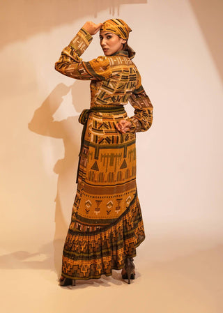 Nikita Mhaisalkar-Mustard Aztec Printed Ruffle Maxi With Belt-INDIASPOPUP.COM