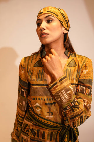 Nikita Mhaisalkar-Mustard Aztec Printed Ruffle Maxi With Belt-INDIASPOPUP.COM