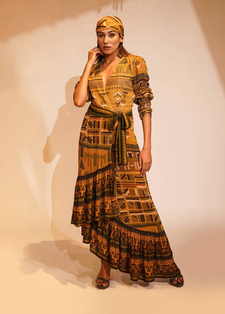 Nikita Mhaisalkar-Mustard Aztec Printed Ruffle Maxi With Belt-INDIASPOPUP.COM