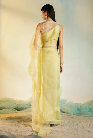 Charkhee-Lime Yellow Organza Saree With Blouse-INDIASPOPUP.COM