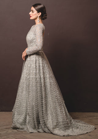 Nitika Gujral-Grey Tulle Gown And Dupatta With Trail-INDIASPOPUP.COM