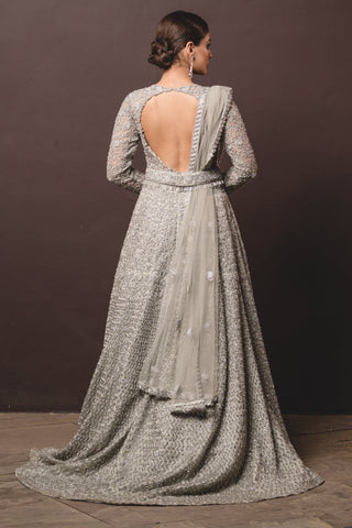 Nitika Gujral-Grey Tulle Gown And Dupatta With Trail-INDIASPOPUP.COM