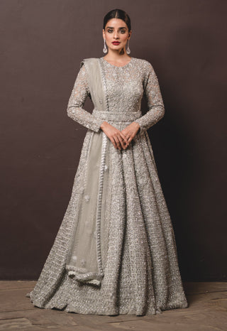 Nitika Gujral-Grey Tulle Gown And Dupatta With Trail-INDIASPOPUP.COM