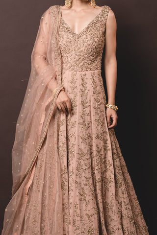 Nitika Gujral-Tea Rose Shimmer Georgette Gown-INDIASPOPUP.COM