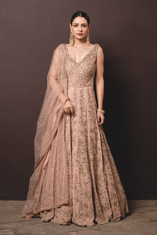 Nitika Gujral-Tea Rose Shimmer Georgette Gown-INDIASPOPUP.COM