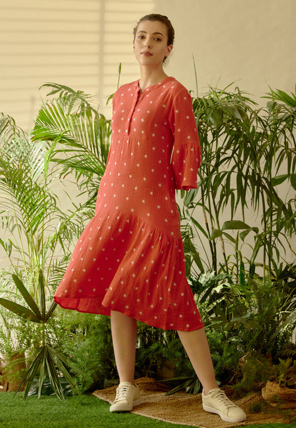 Be-Blu-Anjela Red Embroidered Midi Dress-INDIASPOPUP.COM