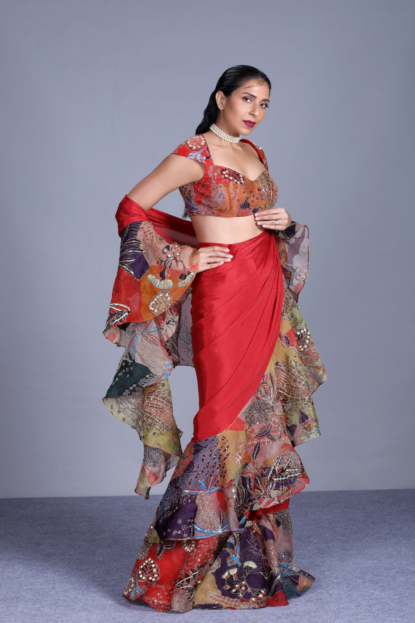 Aisha Rao-Red Mexican Marigold Saree Set-INDIASPOPUP.COM