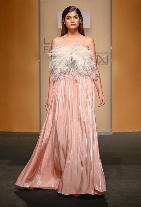 Not So Serious By Pallavi Mohan, Blush Satin Dress With Feather Bralette