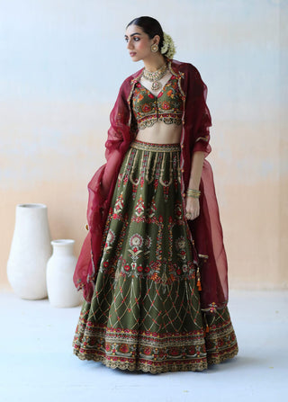 Aman Takyar-Deep Olive Green Lehenga Set-INDIASPOPUP.COM