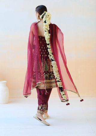 Aman Takyar-Burgundy Silk Anarkali Set-INDIASPOPUP.COM