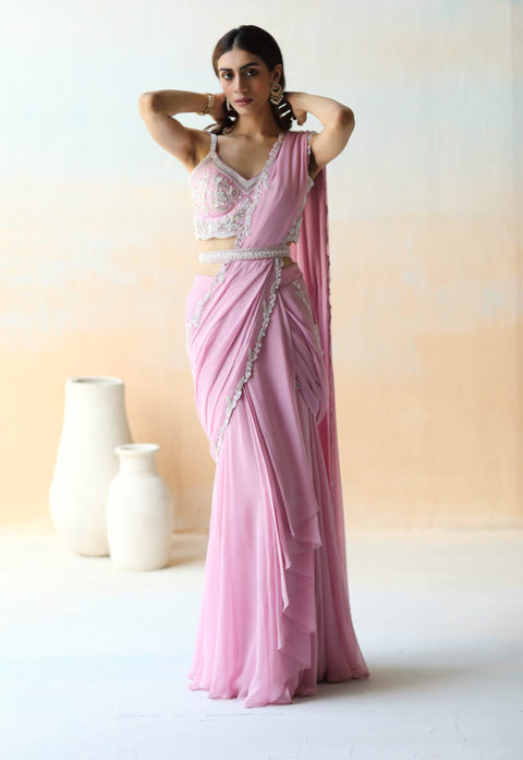 Sanya Gulati | Fuchsia Pre-Stitched Ruffle Saree Set | INDIASPOPUP.COM