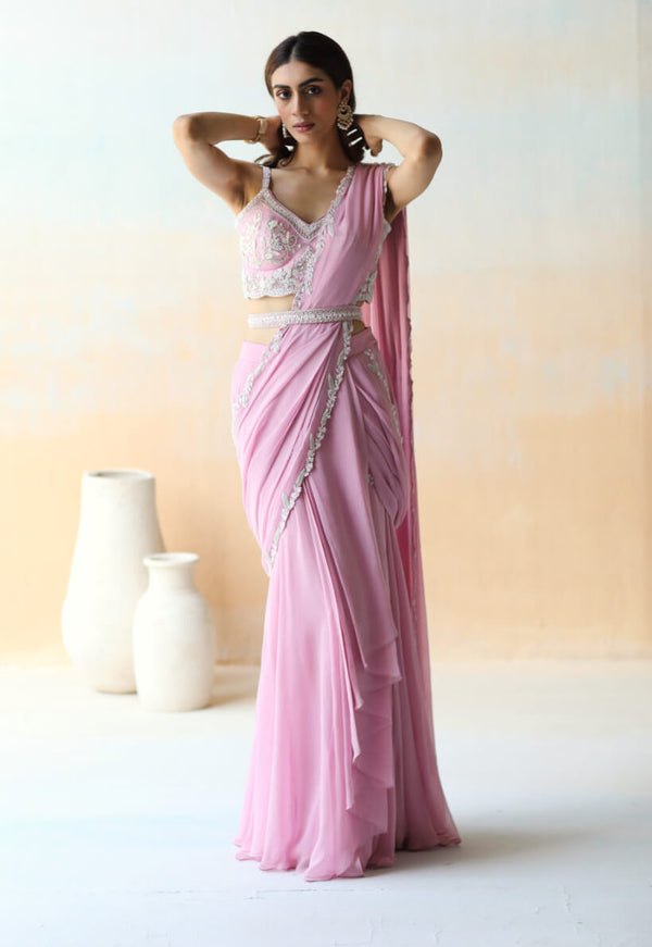 Nude Pre Draped Ruffle Saree Set - Suruchi Parakh - East Boutique