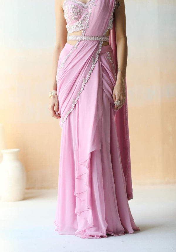 Buy Pink Divergence Eye Printed And Embellished Ruffle Saree Set by  Designer AISHA RAO Online at Ogaan.com