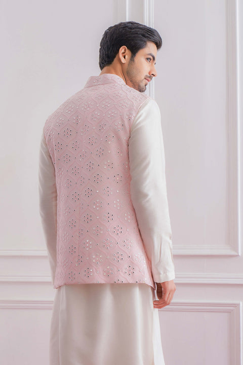 Buy Pink Chanderi Silk Embroidered French Knots Nehru Jacket And Kurta Set  For Men by Paarsh Online at Aza Fashions.
