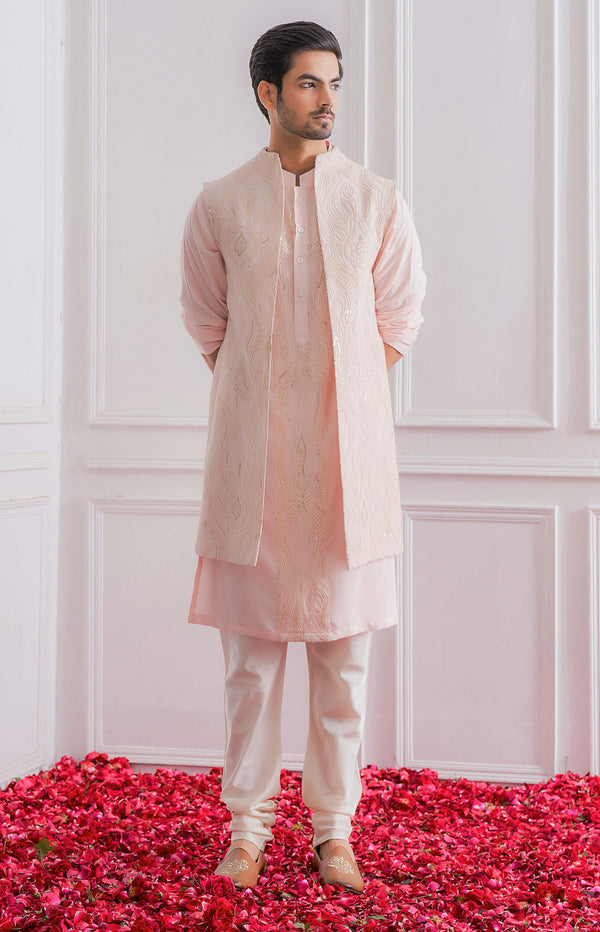 Ankit V Kapoor-Powder Pink Nehru Jacket With Kurta And Churidaar-INDIASPOPUP.COM