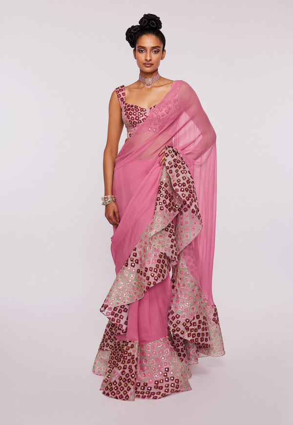 Aisha Rao-Pink Embellished Ruffle Saree And Blouse-INDIASPOPUP.COM