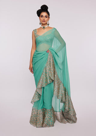 Aisha Rao-Sea Green Embellished Ruffle Saree And Blouse-INDIASPOPUP.COM