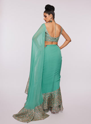 Aisha Rao-Sea Green Embellished Ruffle Saree And Blouse-INDIASPOPUP.COM