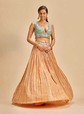 Nitika Gujral-Orange Patra Work Lehenga Set-INDIASPOPUP.COM