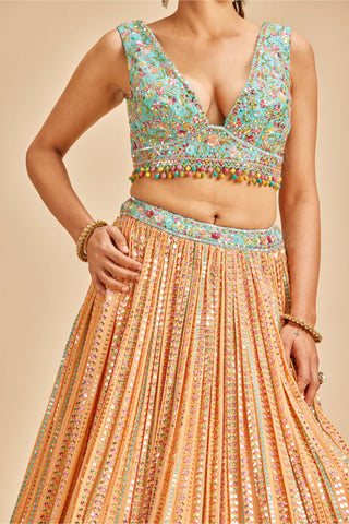 Nitika Gujral-Orange Patra Work Lehenga Set-INDIASPOPUP.COM