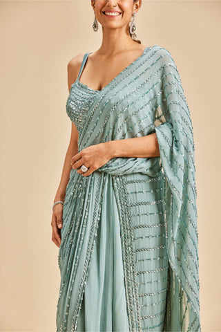 Nitika Gujral-Jade Green Drape Sari With Blouse-INDIASPOPUP.COM