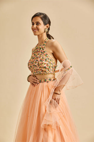 Nitika Gujral-Peach Gathered Lehenga Set-INDIASPOPUP.COM