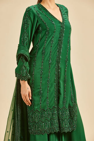 Nitika Gujral-Bottle Green Velvet Sharara Set-INDIASPOPUP.COM