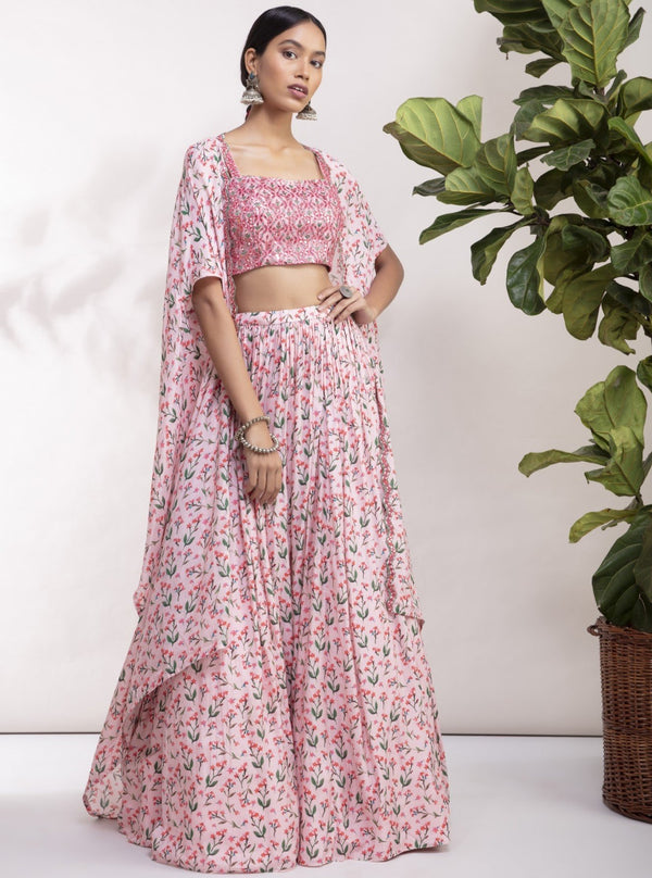 Aneesh Agarwaal-Pink Floral Printed Cape & Lehenga-INDIASPOPUP.COM