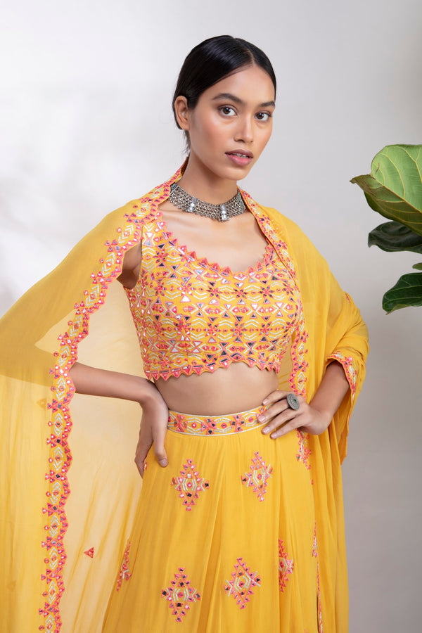Aneesh Agarwaal-Yellow Georgette Lehenga Skirt Set-INDIASPOPUP.COM