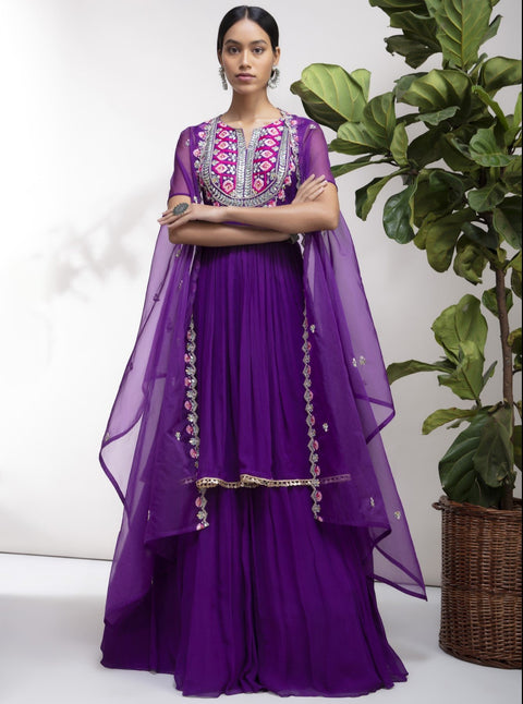 Aneesh Agarwaal-Purple Anarkali With Cape & Lehenga-INDIASPOPUP.COM