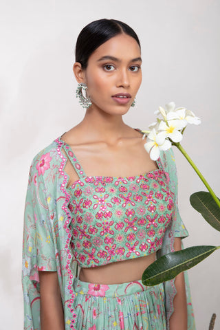 Aneesh Agarwaal-Blue Floral Printed Cape & Lehenga Set-INDIASPOPUP.COM