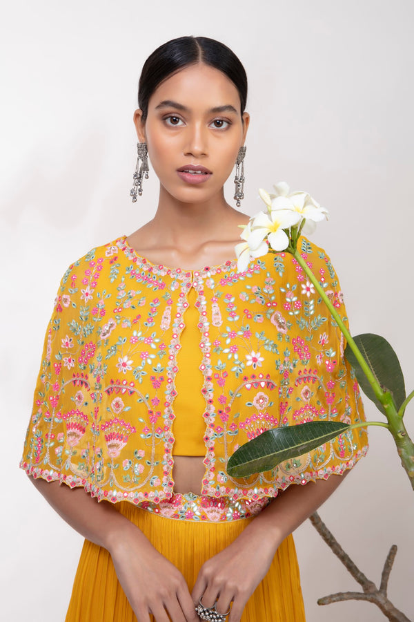 Aneesh Agarwaal-Yellow Hand Embroidered Cape Top & Skirt-INDIASPOPUP.COM