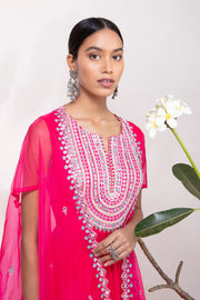 Aneesh Agarwaal-Fuchsia Pink Anarkali With Cape & Lehenga-INDIASPOPUP.COM