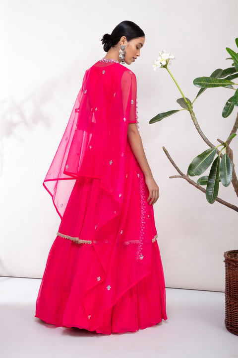 Aneesh Agarwaal-Fuchsia Pink Anarkali With Cape & Lehenga-INDIASPOPUP.COM