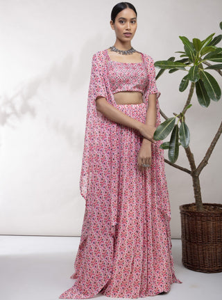 Aneesh Agarwaal-Pink Printed Cape & Lehenga-INDIASPOPUP.COM