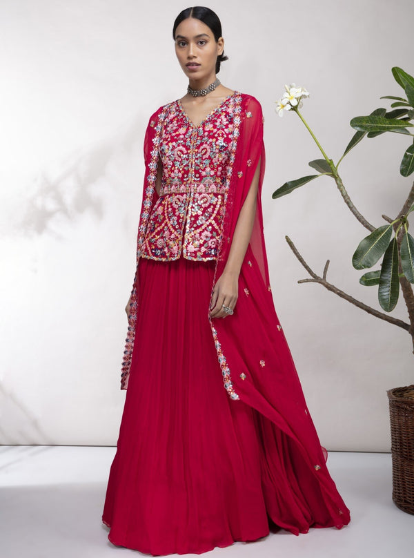 Aneesh Agarwaal-Red Embroidered Peplum & Cape With Skirt-INDIASPOPUP.COM