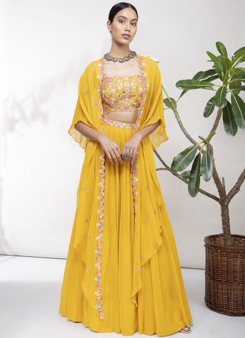 Aneesh Agarwaal-Yellow Blouse With Cape & Lehenga-INDIASPOPUP.COM