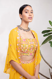 Aneesh Agarwaal-Yellow Blouse With Cape & Lehenga-INDIASPOPUP.COM
