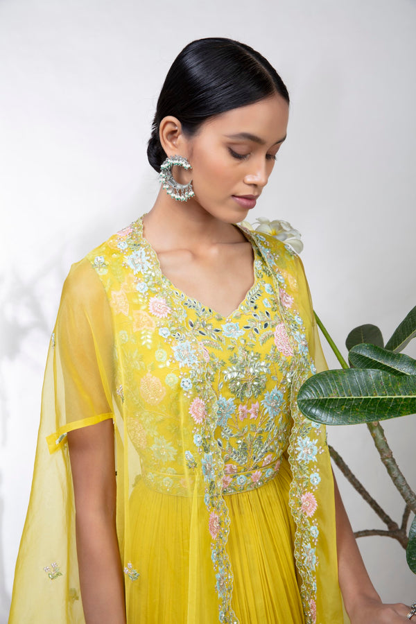 Aneesh Agarwaal-Lime Yellow Embroidered Anarkali Set-INDIASPOPUP.COM
